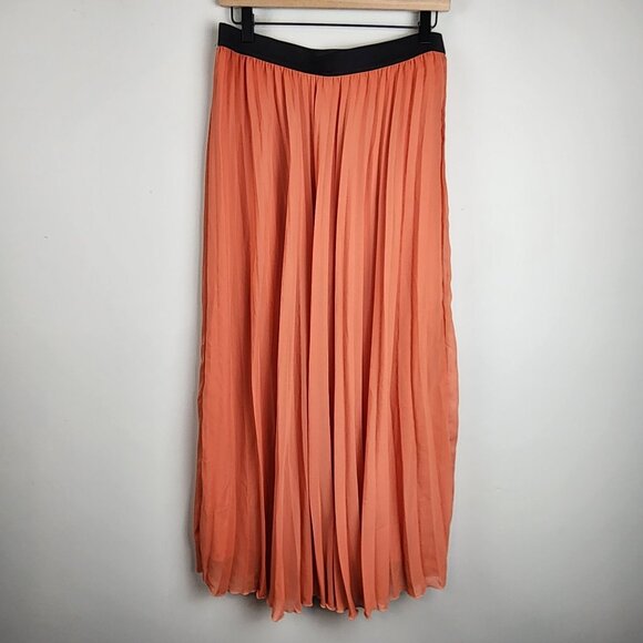 WD.NY pleated maxi skirt sz L Large women lined orange fall flowy - Picture 5 of 9